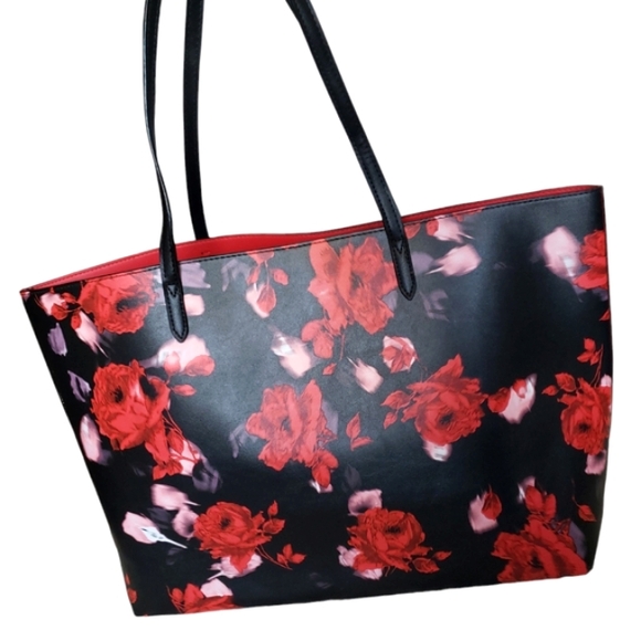 Victoria's Secret Red Black Floral Leather Classic Double Handle Tote Bag - Picture 8 of 16